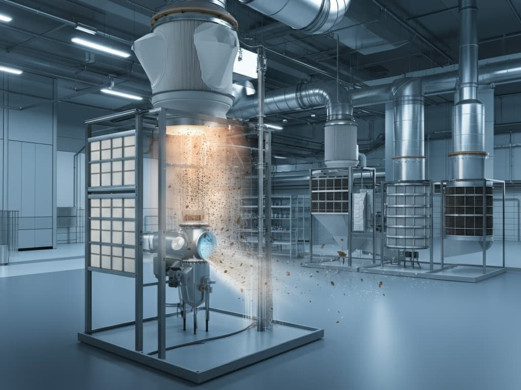 Industrial fiber bed filter system improving air quality in a factory setting.